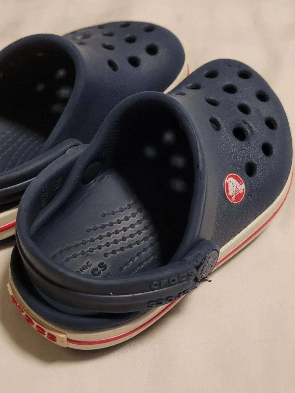 Crocs Navy Blue, White and Red Clog Sandals Slip-On Round Toe US 5C